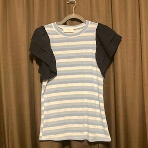 Sugarfox Blue Striped Top with Ruffle Sleeve